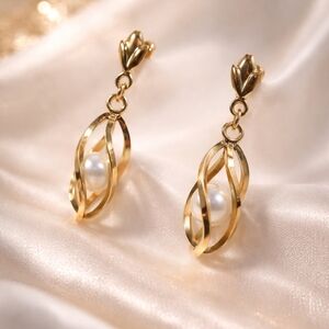 Very VTG 14K Gold Caged Cultured Pearl Twist Drop Dangle Earrings Minimalist
